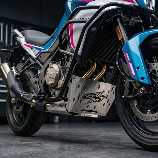 Front view of the CustomradPH CFMOTO 450MT Belly Pan Cover. Crafted from brushed silver CNC steel, this motorcycle exterior styling accessory features precisely cut vertical ventilation slots, a raised black "450 MT" logo bolted to the center, and a CustomradPH badge along the bottom edge.