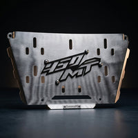 Front view of the CustomradPH CFMOTO 450MT Belly Pan Cover. Crafted from brushed silver CNC steel, this motorcycle exterior styling accessory features precisely cut vertical ventilation slots, a raised black "450 MT" logo bolted to the center, and a CustomradPH badge along the bottom edge.